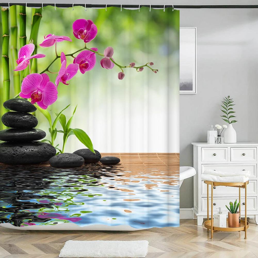 Cortina de ducha de bambú de planta verde, cortina de baño de poliéster impermeable, árboles impresos en 3D, pantalla de baño de 180x200cm con ganchos