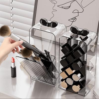 Clear Acrylic Makeup Brush Holder Flip-Top Design Compartment Rack Cosmetic Tools Organizer Dustproof Bow Handle