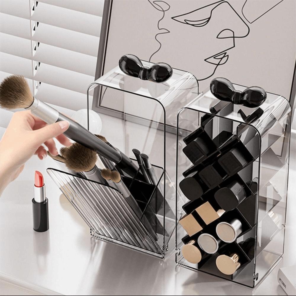 Clear Acrylic Makeup Brush Holder Flip-Top Design Compartment Rack Cosmetic Tools Organizer Dustproof Bow Handle