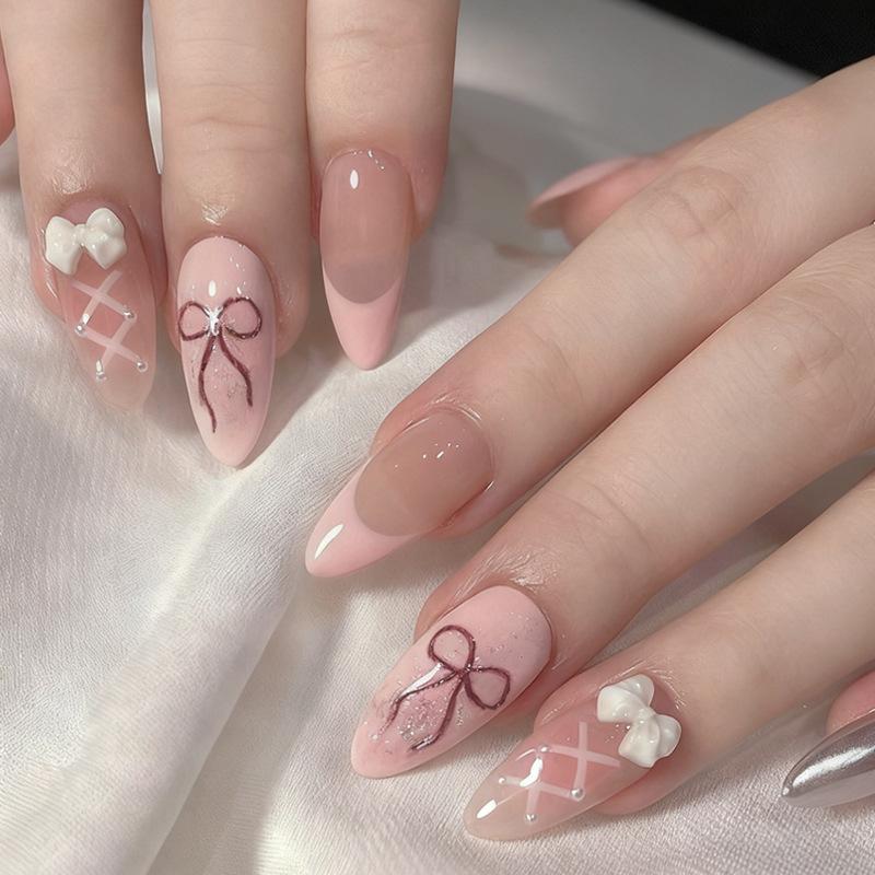 Pink Bow Design Press On Nails Sweet Fake Nail Tips