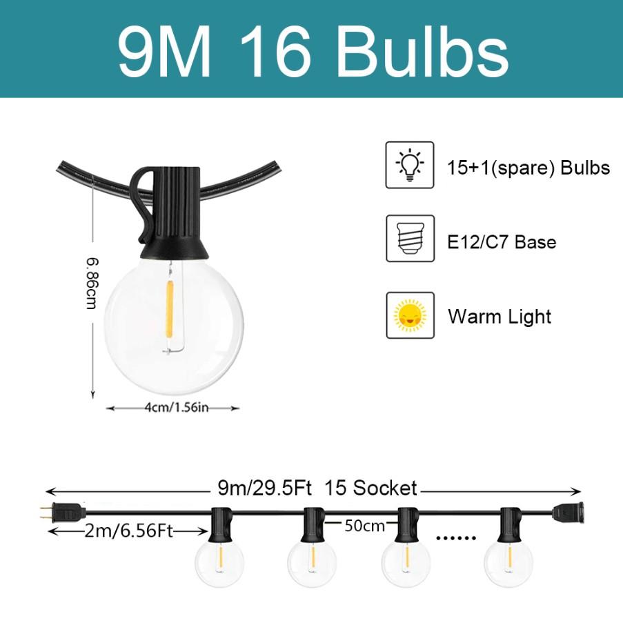 Outdoor String Lights LED Dimmable G40 Hanging Fairy Patio Garland Lamp Wedding Street Camping Garden Party Decoration Lights