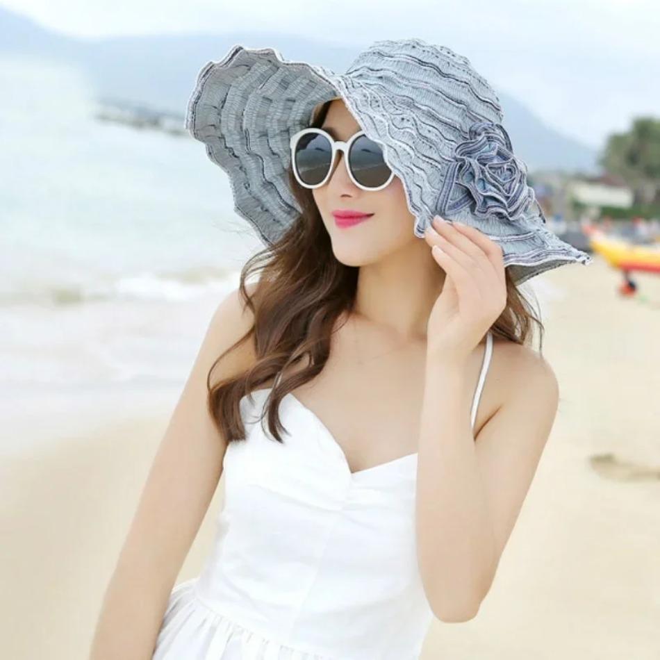 1 Pcs New Summer Sun Hats for Women Big Wave Brim Flower Sunshade Outdoor Beach Sunscreen Straw Hat Female Versatile Cap