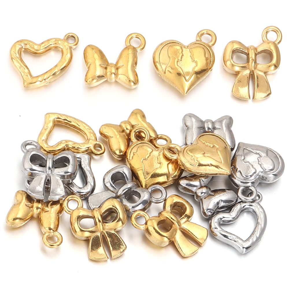 5pcs Stainless Steel Bow Heart Charms Exquisite Charms Pendant For Jewelry Making DIY Bracelets Necklace Earrings Accessories