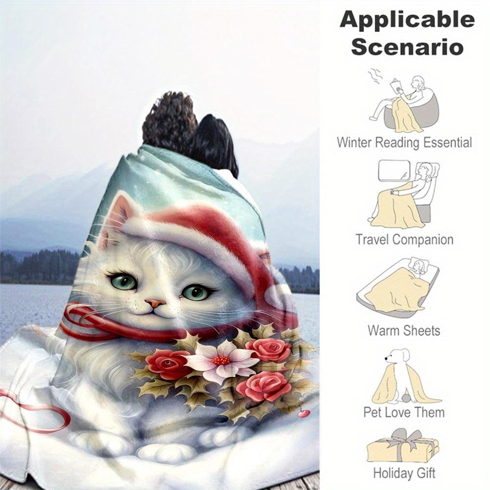 1pc Christmas Cat Theme Design Flannel Blanket - 3D Printed Soft Warm, All-Season Lightweight Throw for Camping Travel Bed-080715
