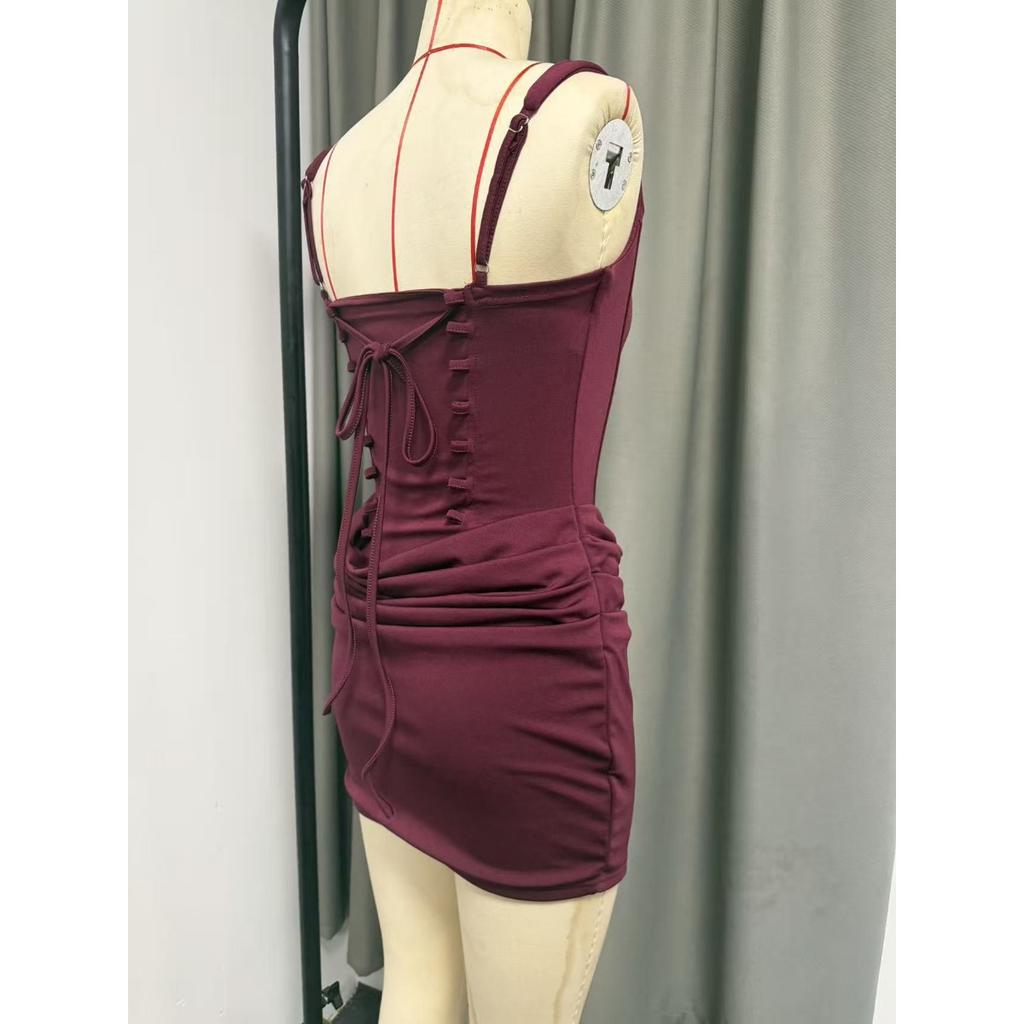 Nové Dámské Čtvercový Výstřih Bez Rukávů Vysoký Pas Zavazování Bodycon 3D Řasené Krátké Mini Zavinovací Bokové Šaty
