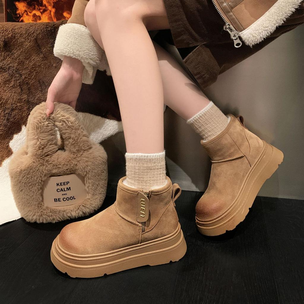 Snow Boots Cotton Shoes Winter New Velvet Thickened Thick-soled Non-slip Zipper Women's Boots Flat Short Boots