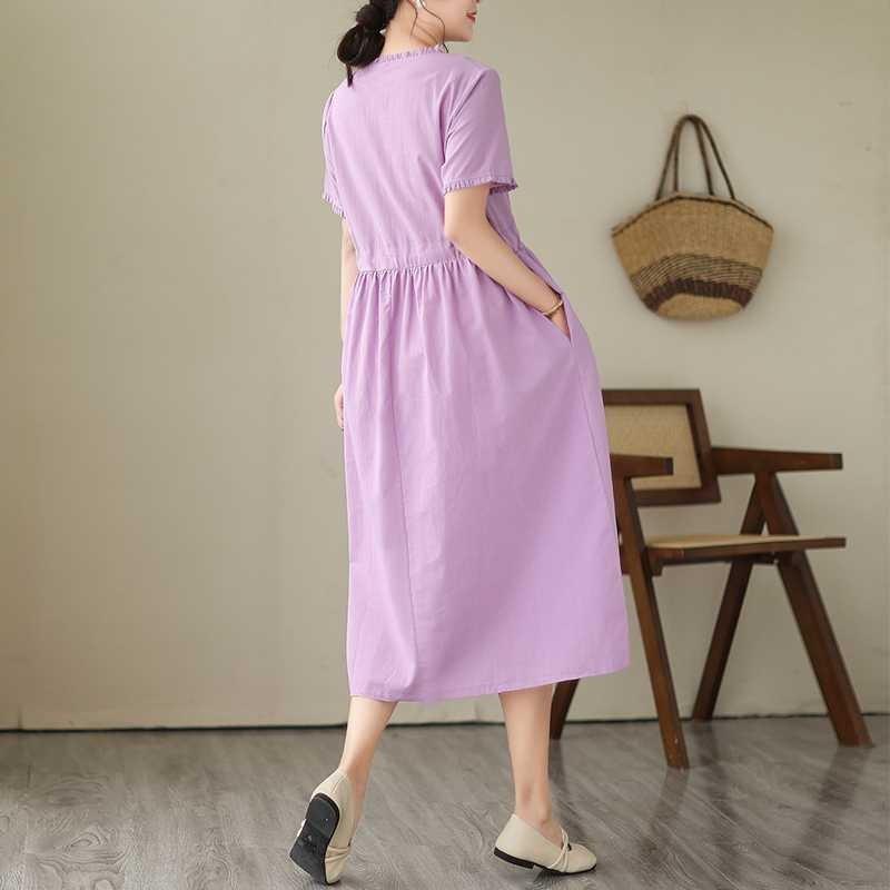 Ethnic Style Wooden Ear Neck Tie Waist Short Sleeve Midi Literary Vintage Dresses