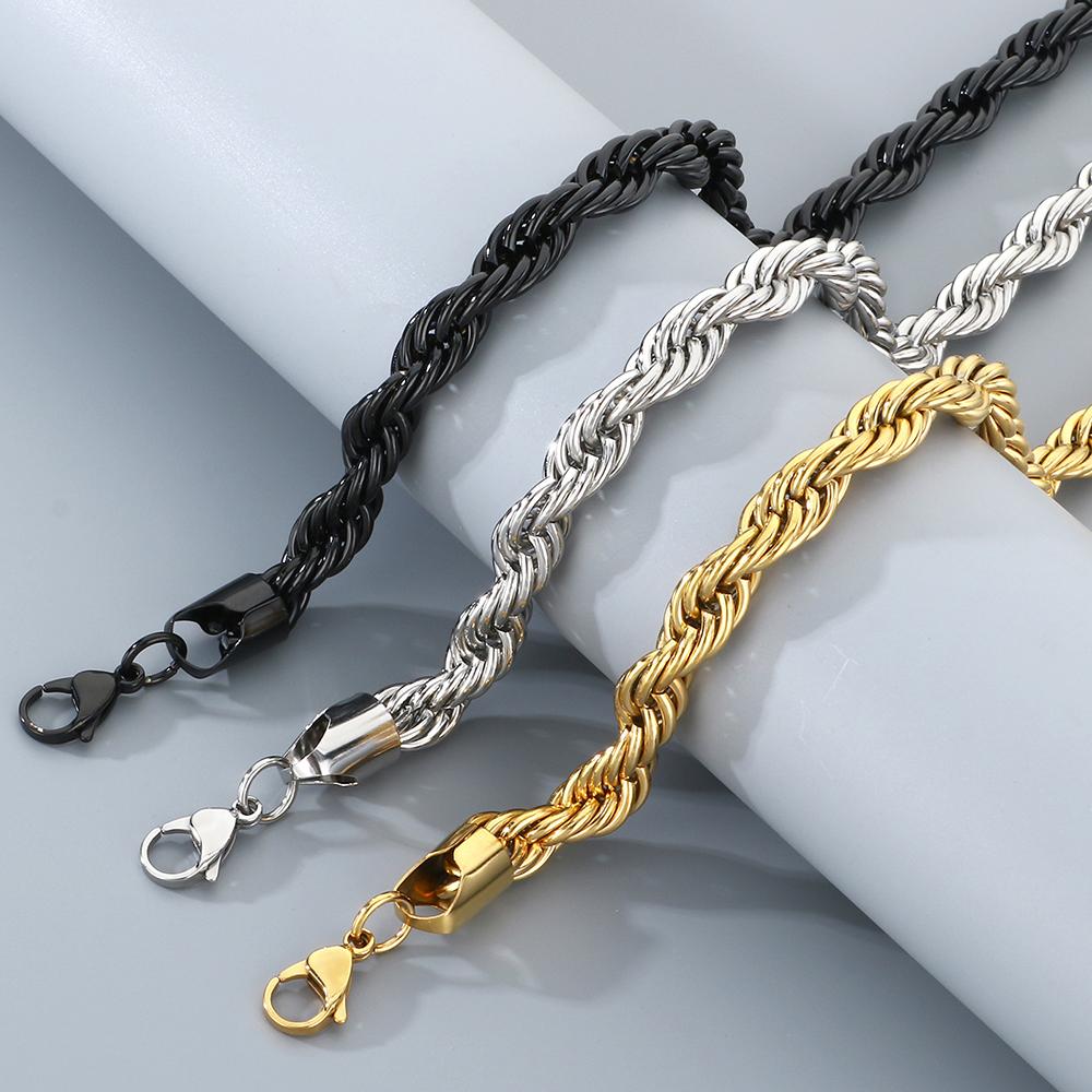 Classic Men's 10mm Twisted Rope Chain Man Bracelet Necklace Set Luxury Black Gold Color 61CM Long Stainless Steel Choker for Men