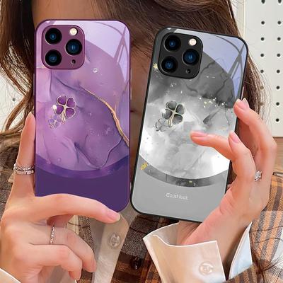 Four Leaf Clover Gradient For IPhone 16 Pro Max 15 Pro 14 13 12 Mini 11 XS Max XR 7 8 Plu SE 2022 Tempered Glass Phone Case
