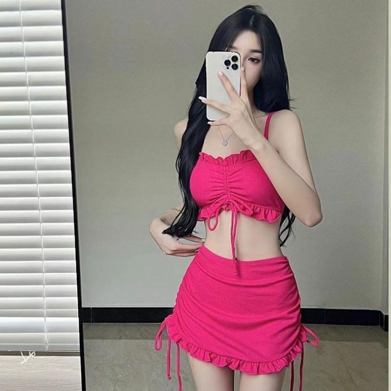 

Fashionable Simple High-end Pure Desire Three-piece Bikini Slimming Covering Belly Seaside Vacation Running Hot Split Skirt XL рожевий червоний колір