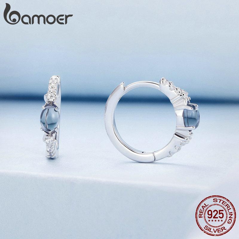 

BAMOER стерлингового серебра 925 пробы, синие прозрачные стеклянные пряжки для ушей, серьги с цирконами для женщин, ювелирные изделия 925 silver
