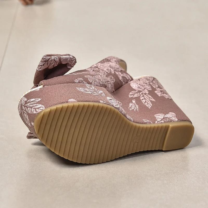 Fashion Slope Heel Sandals Female 2025 Summer New Bow Embroidery High-heeled Fish Mouth Shoes Thick Bottom Fashion Versatile Women Shoes