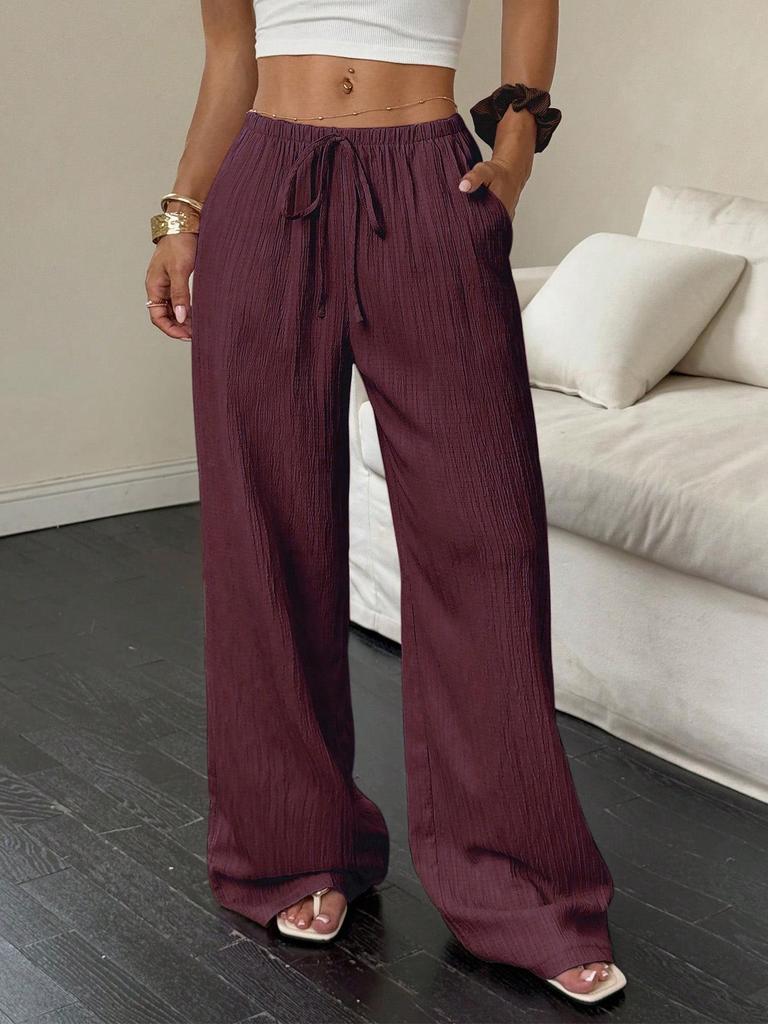 2026 Women's Casual Wide-Leg Pants with Knot Waist and Textured Fabric