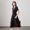 SOFSIL Französisches Romantisches Schwarzes Blumen-V-Ausschnitt-Midikleid
