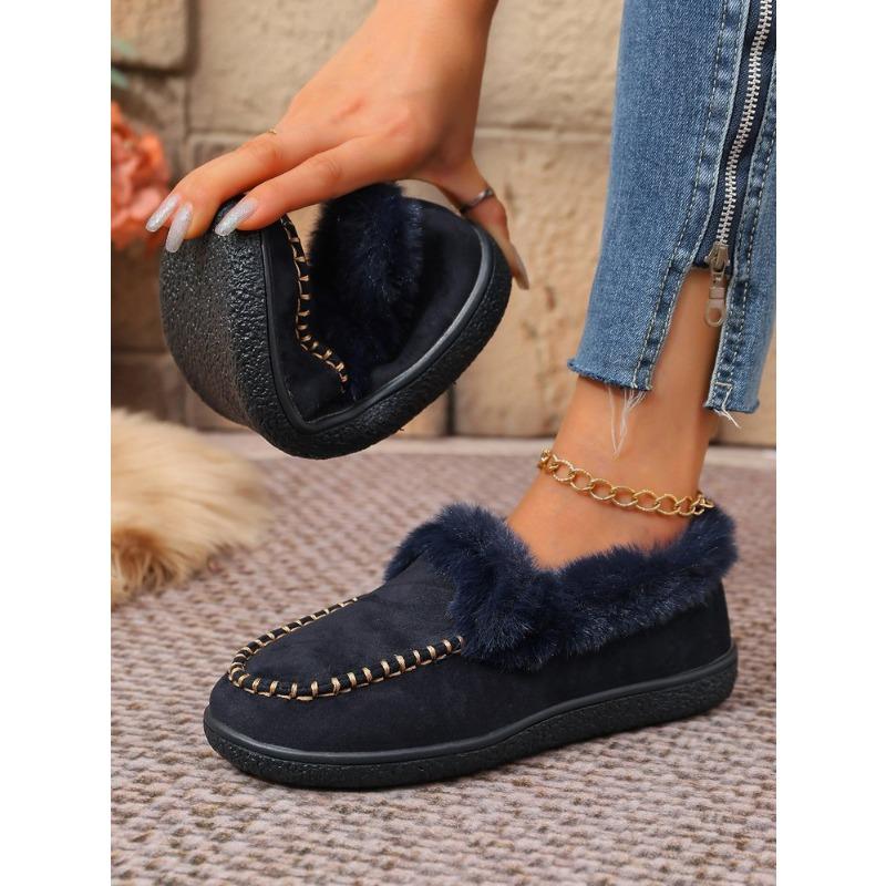 New Autumn Plush Lined Flats,Cozy Fur Trimmed Shoes for Women,Plus Size Indoor Outdoor House Slippers