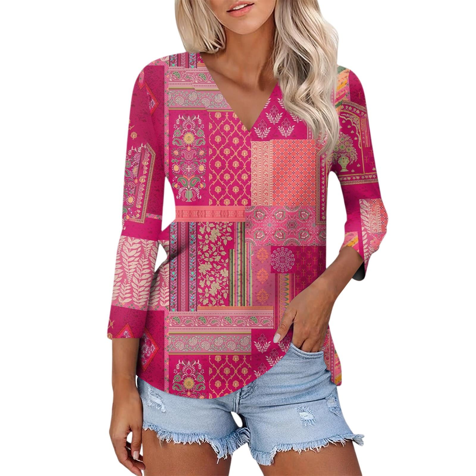 

Женский Повседневный Модный Сексуальный Удобный Топ с V-образным вырезом и Цветочным Принтом, Рукав Три Четверти XL арбуз красный