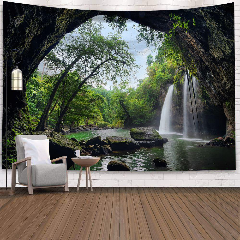 Natural 3D Waterfall Tapestry Beach Towel Landscape Primeval Forest Stream Printing Wall Carpet Yoga Mat Home Art Tapestry Decor