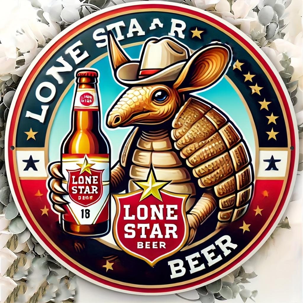 1pc Lone Star Armadillo Beer Wooden Sign, 8x8 Inch Vintage Circle Wall Art, Durable, Weatherproof, No Fade, Perfect for Home, Office, Bar, Cafe Decor