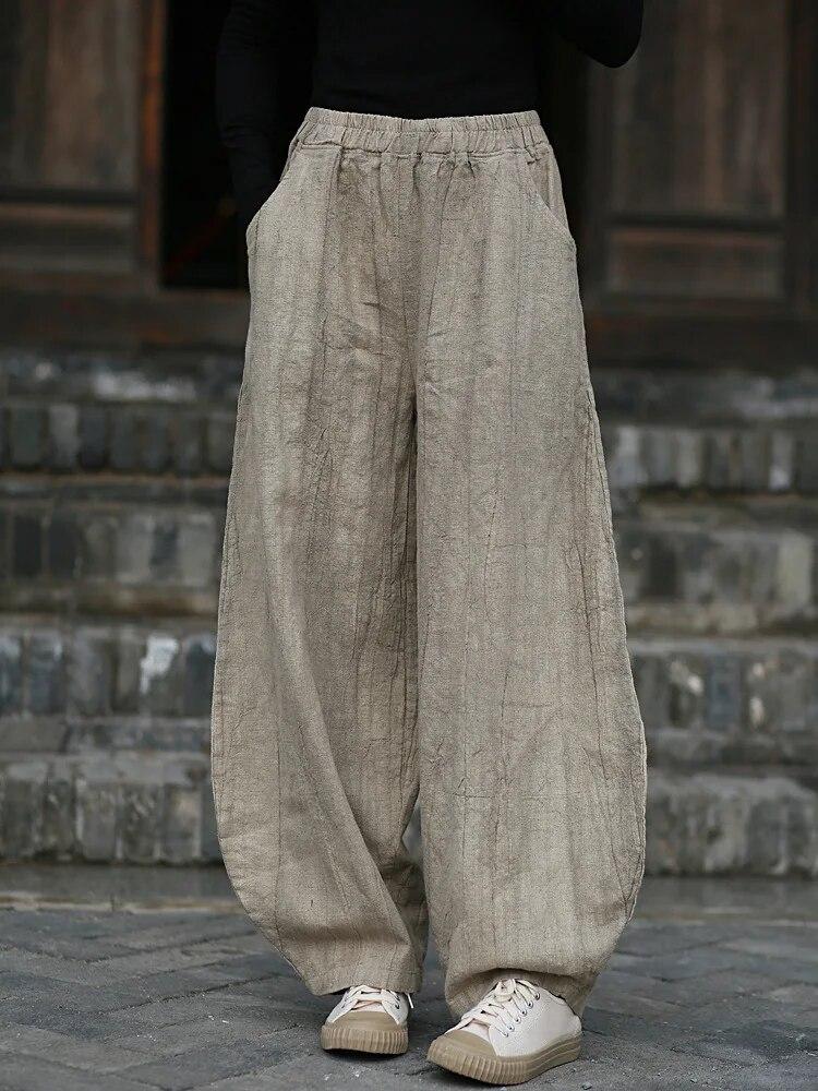 Johnature Woman Spring Chinese Style Vintage Loose Personality Pants Retro Elasticated Waist Pants