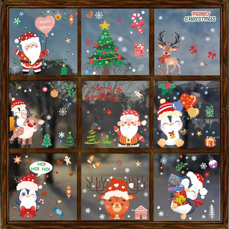 Santa Claus Tree Decoration, Snowflake Penguin Electrostatic Sticker, Atmosphere Scene, Glass Door and Window Display Stickers