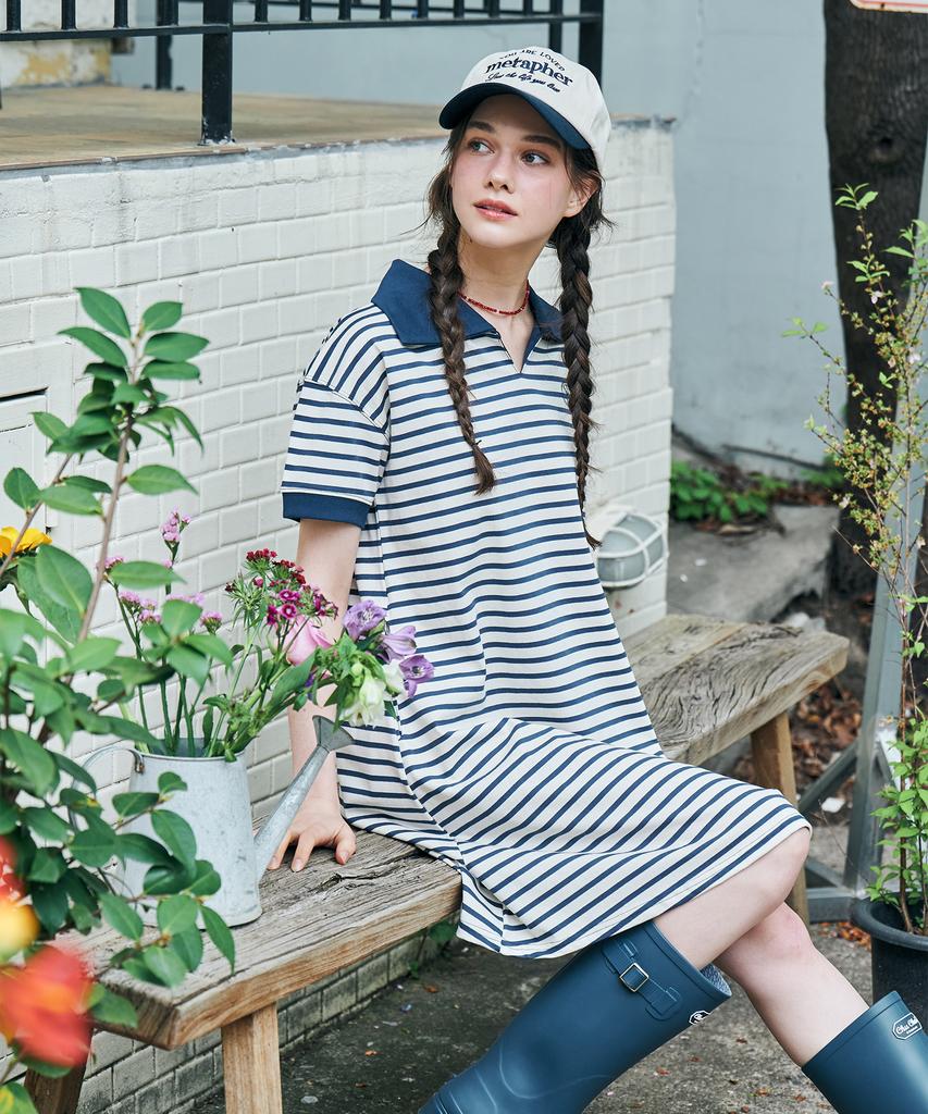 Metapeo Met Striped Collar Summer Dress Navy