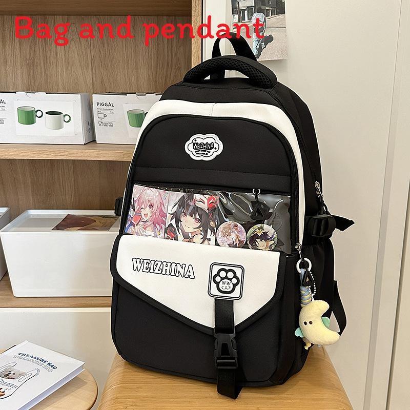 Color Blocked Fashionable Letter Printed Student Backpack With Pendant Daily For