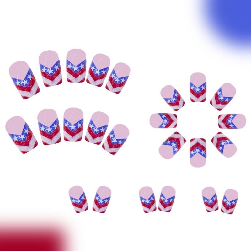 Independence Day Press on Nail French Tips Fake Nail 4th of July Patriotic False Nail Full Cover Design Acrylic Nail