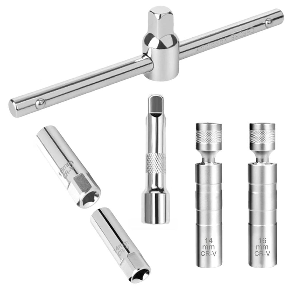 6 Pcs Auto Spark Wrench Kit 14mm 16mm Flexible Spark Socket Set With T-Handle For Auto And Motorcycle Car Repair Tools