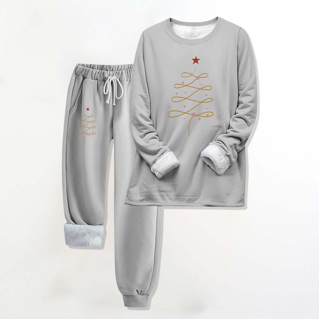 Two Piece Outfits For Women Warm Fleece Lined Jogger Set Crewneck Long Sleeve Christmas Printed Sweatshirts Drawstring Waist Sweatpants