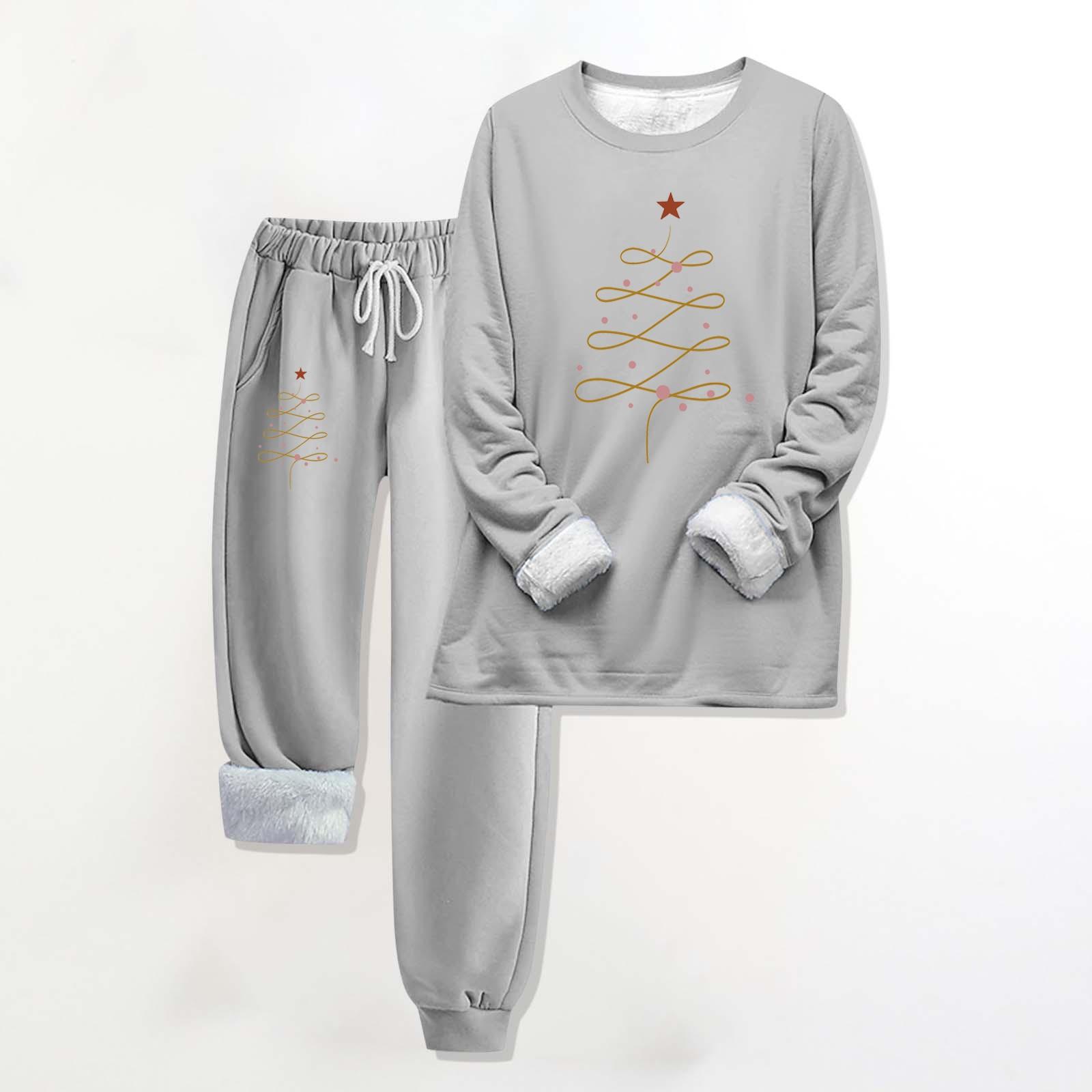 

Комплект из двух предметов для женщин, теплый спортивный комплект с флисовой подкладкой, свитшот с круглым вырезом и длинными рукавами, с рождественским принтом, спортивные штаны с завязками на талии XXXL