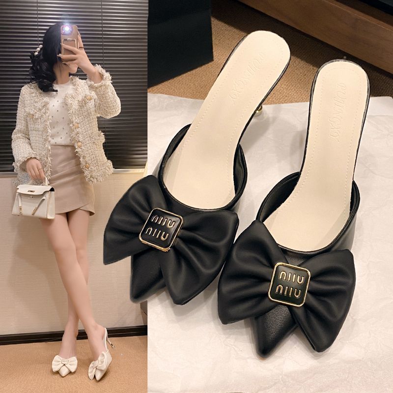 Small Heel Small Fragrant Wind Bow Cool Slippers Women's 2025 Spring and Summer New Korean Version Pointed High Heel Bag Head Half Slippers