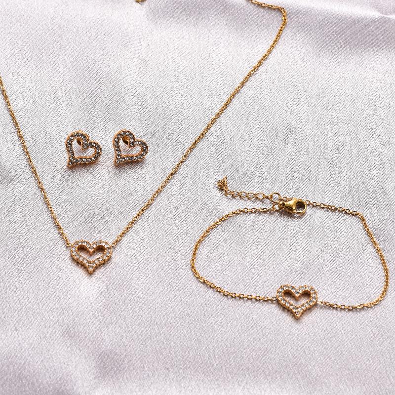 Full Diamond Hollow Heart Necklace Earring Set Lightweight Fashion Alloy Jewelry for Teen Girls Daily Accessory