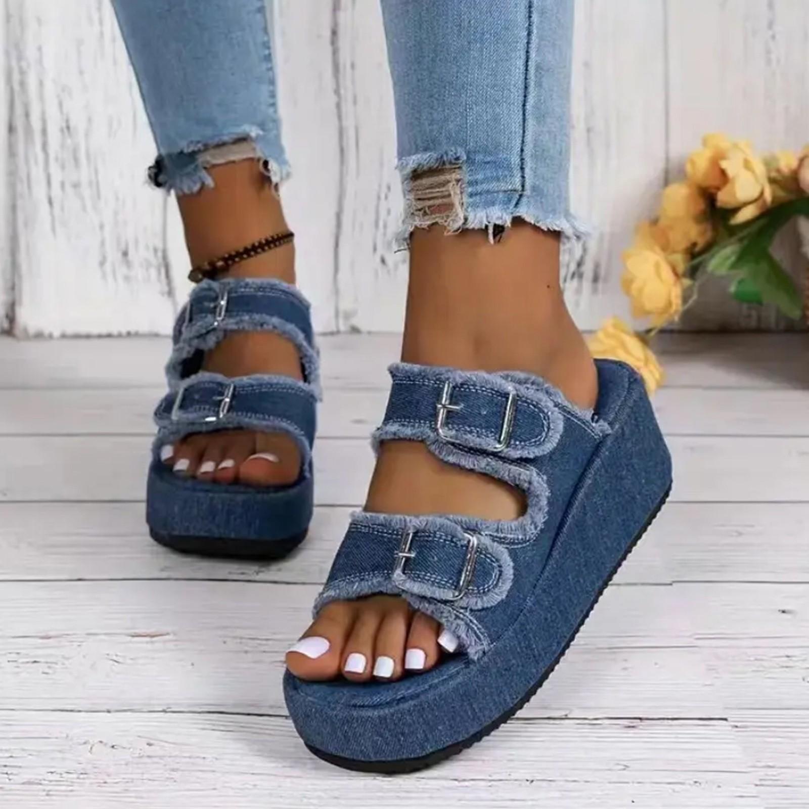 

Platform Sandals Women Summer Elegant Denim Buckled Double Strap Comfortable Slip-On Beach Walking Slippers Casual Sandalias 37 синій