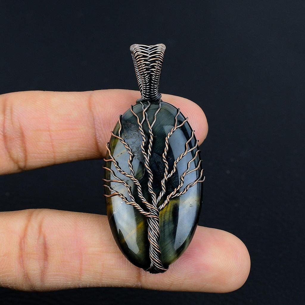 Blue Tiger Eye Pendant, 999 Copper Wire Wrapped Pendant Jewelry. Gift For Women Handmade Pendant Gemstone Jewelry