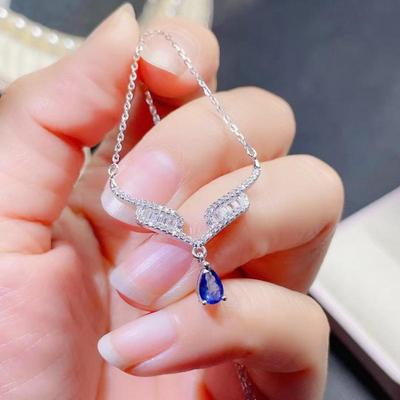 Blue Diamond Angel Wing Water Drop Pendant Necklace In Japanese/Korean Style - Elegant & Versatile for Women