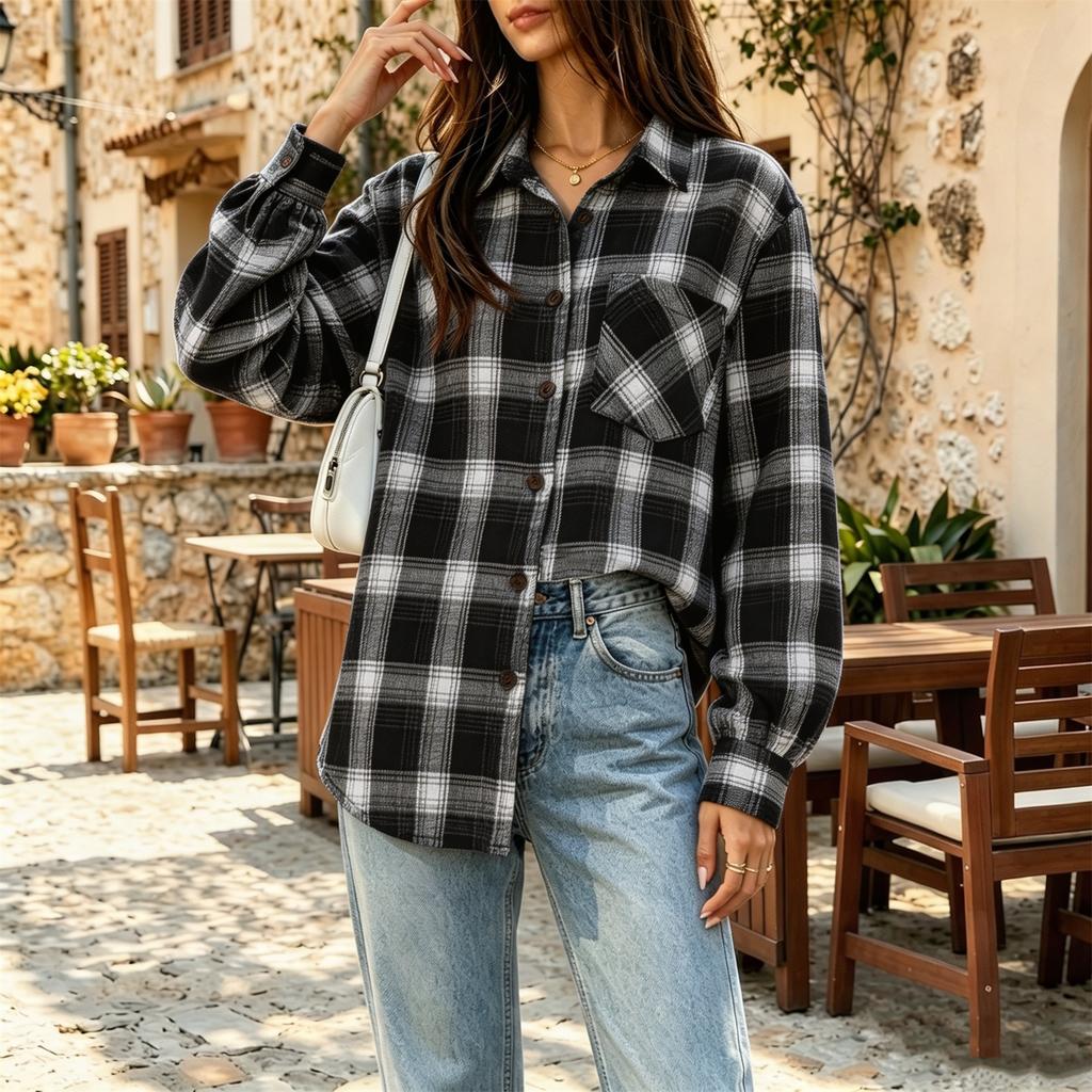 Camisa Casual a Cuadros de Manga Larga para Mujer con Corte Holgado y Bolsillo para Otoño Invierno