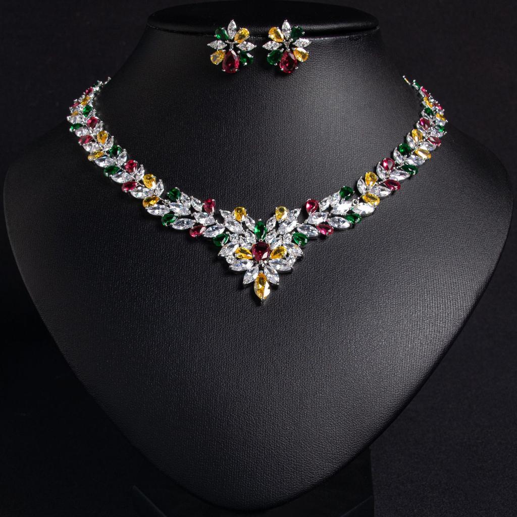 Flower Bridal Jewelry Set Necklace Ice Flower Earrings Zircon Jewelry Set
