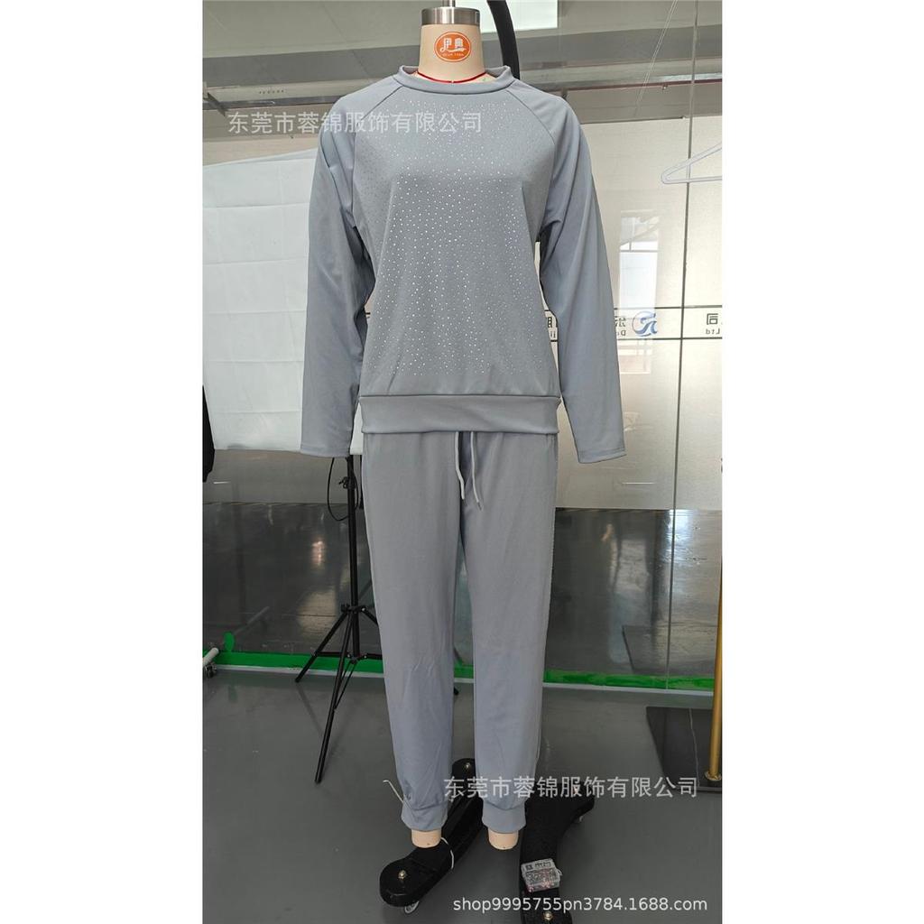 Women's sets Plus Size Solid Color Long Sleeve Crew Tie Pockets Rhinestone Sweatshirt Pants Set of 2