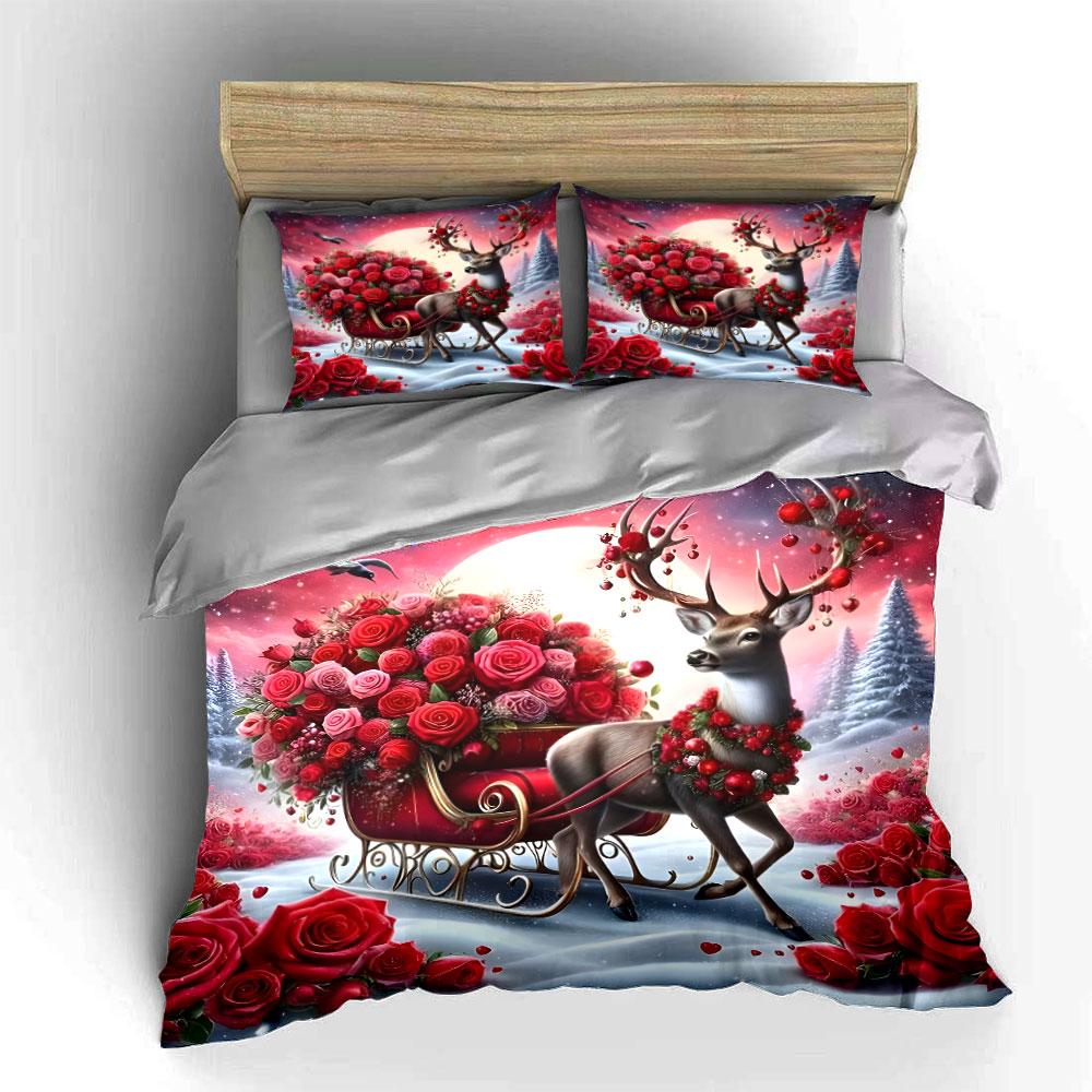 "Christmas Reindeer Sleigh Decor Set" Soft Skin-Friendly Bedding Set Includes 1 Duvet Cover And 2 Pillowcase Gift
