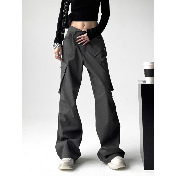 

Женские ретро свободные прямые рабочие брюки - Высокая посадка, Повседневные, Широкие штанины, Микроклеш, Весна/Осень 2025. Small серый