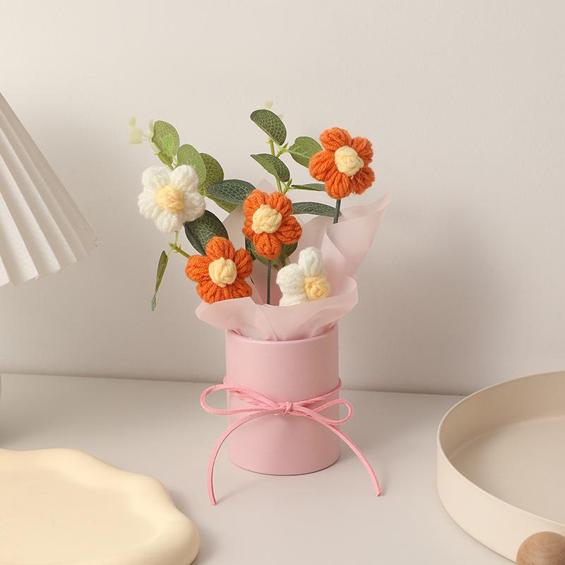 1pc Artifiical Folwer Bouquet Wool Puff Flower Bucket Home Furnishings Handmade Crochet Yarn Bouquet Valentine's Day Gift Home