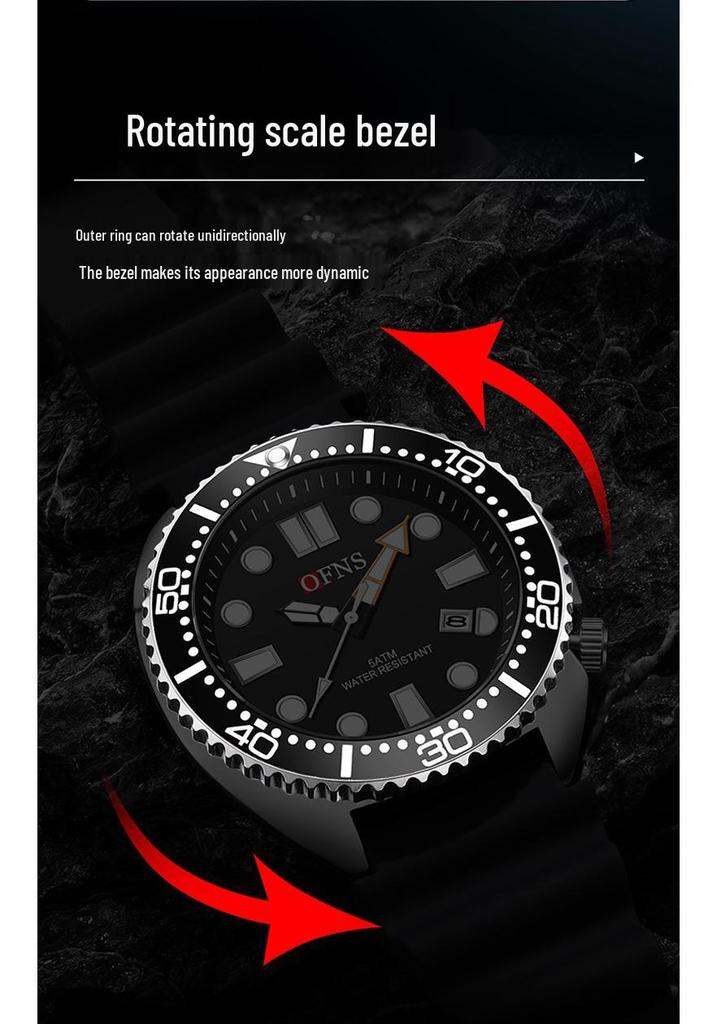Oufannishi Waterproof Quartz Men's Watch with Luminous Dial, Rotating Bezel, and Calendar