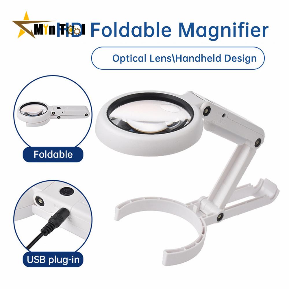 5X/10X Handheld Magnifier with LED Light and Stand USB Powered Illuminated Magnifying Glass for Electronics Repair Tool
