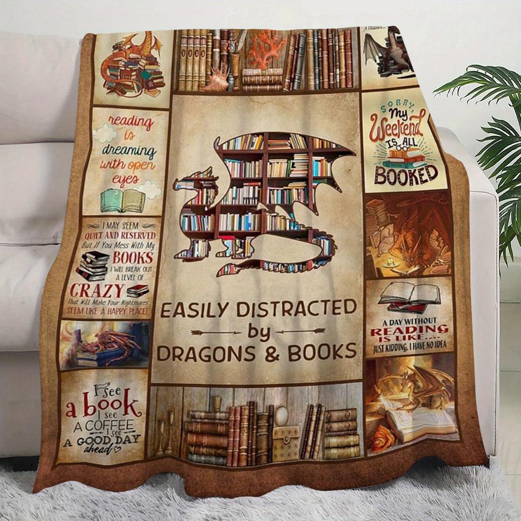 Dragon Book Lover's Flannel Throw - Library Themed Blanket for Sofa/Bed/Travel, Machine Washable Fantasy Decor