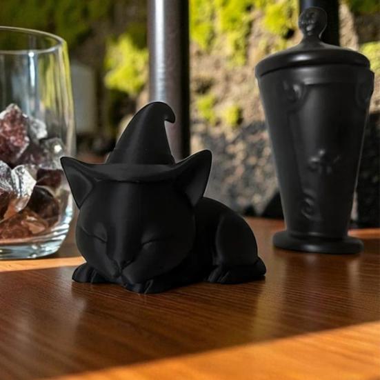 Yousheng Black Cat Figurine Halloween Decoration Sleeping Witch Cat Sculpture Tabletop Ornament for Indoor Outdoor Garden Porch Desk Decor