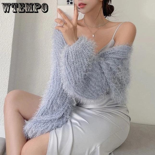Fluffy Short Sweater Sexy V-neck Long Sleeved Single Breasted Coat Korean Chic Knitting Top Fashion Pink Cropped Cardigan Mujer