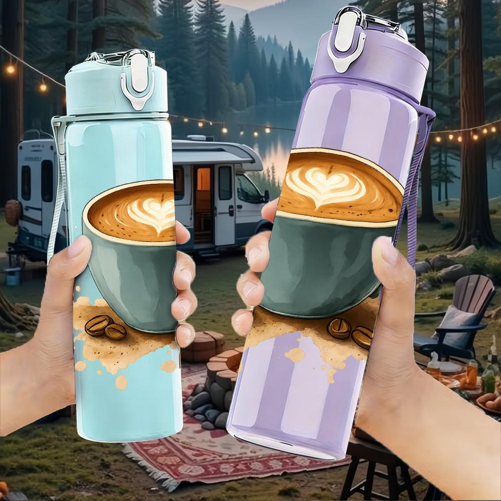 1PC Latte Coffee Cup Print 750ml Color Plastic Sports Water Bottle Leakproof Flip Straw Lid Suitable for Sports Office Home Use