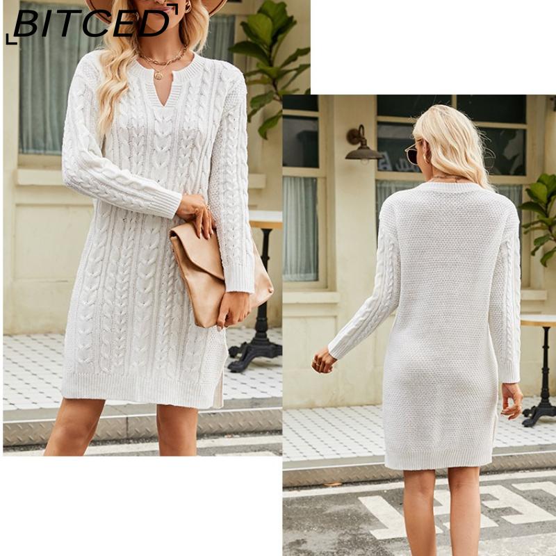 BITCED Autumn/Winter Twisted-Knit Mid-Length Knitted Dress Solid-Colour Slit-Hem Loose-Fit Pullover Women's Wool Dress