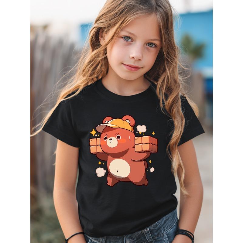European sizes One-Pack, Girls' Round Neck Short Sleeve T-Shirt with Fashionable Print Design, Stretchy Soft Breathable Fabric, Versatile Style