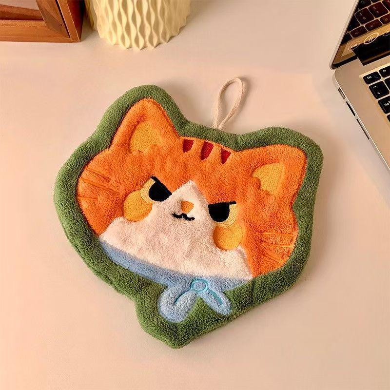 Cute Round Cartoon Cat Hand Towel - Quick-Drying, Absorbent for Kitchen, Bedroom, Office, and Wall Hanging.